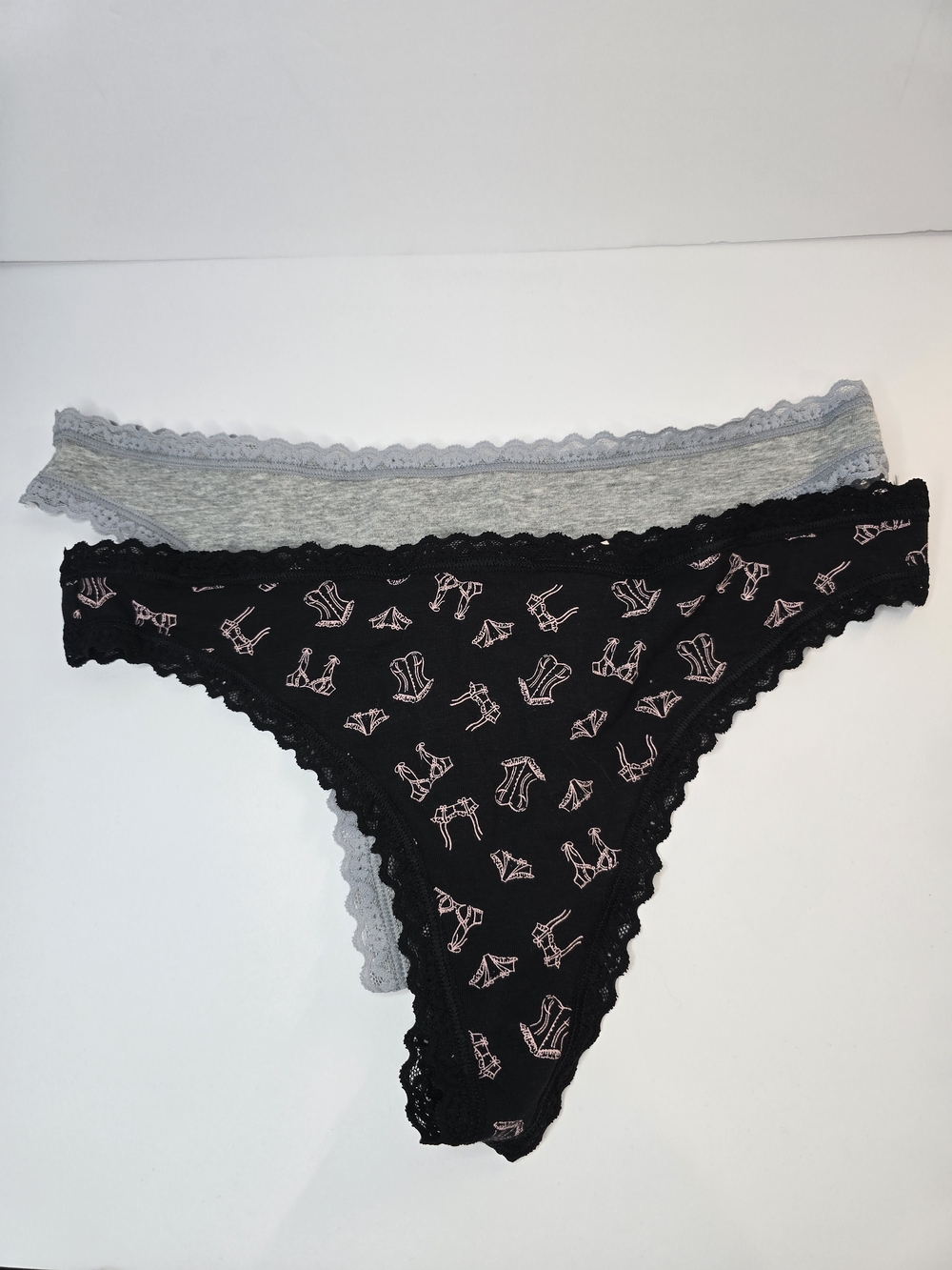 Victoria's Secret Black & Heather Gray Lace-Trim Thongs